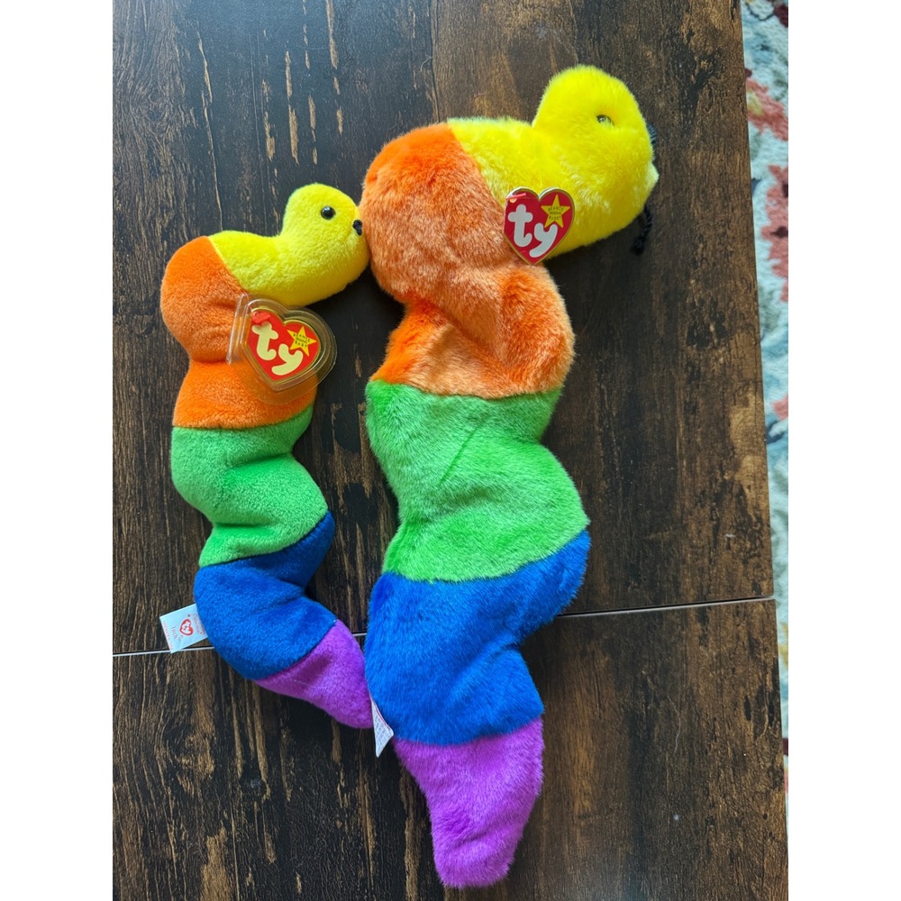 Ty Inch the Inchworm Beanie Buddy and Beanie Baby Rainbow Plush Set 15" and 9"